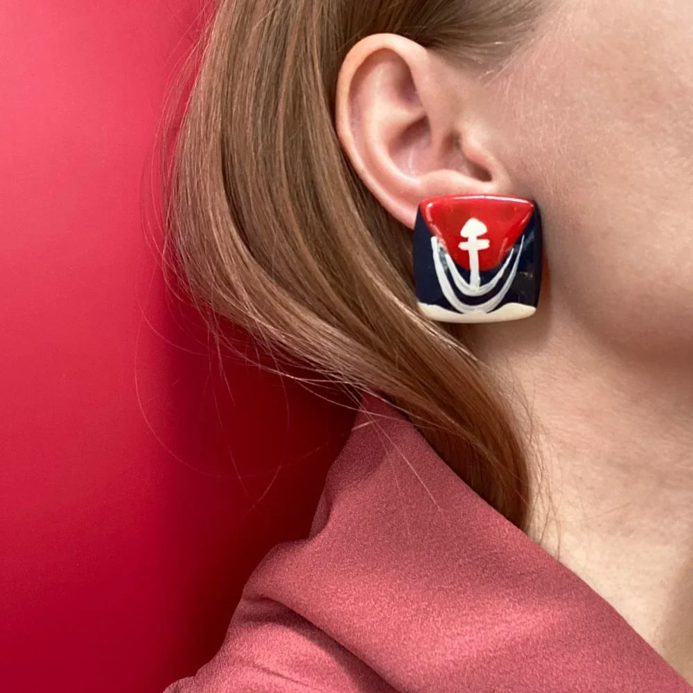 Statement nautical anchor earrings studs, large colorful earrings, massive studs